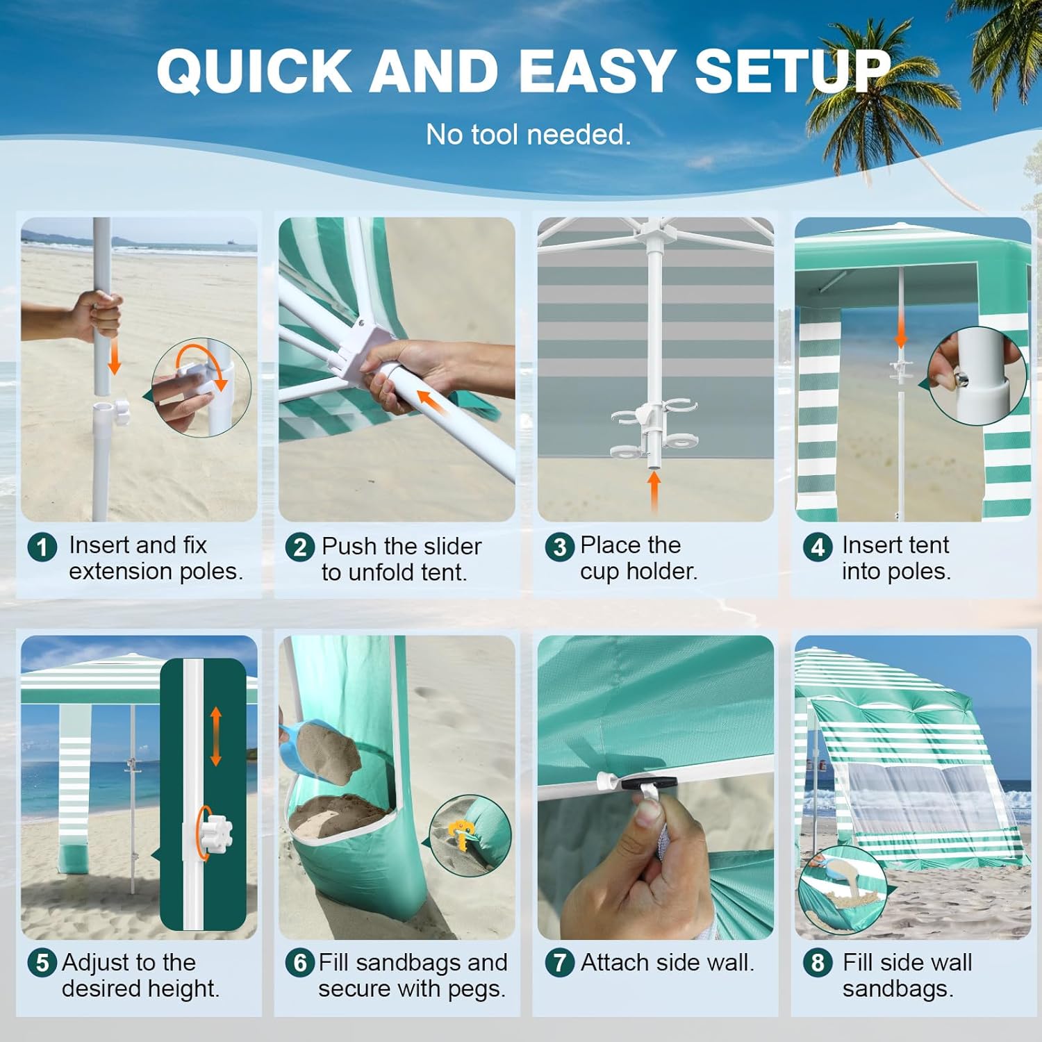 Rhino Valley Beach Tent - 8x8 FT UPF50+ Sun Protection | Easy Setup & Wind Resistant Canopy - Green/White