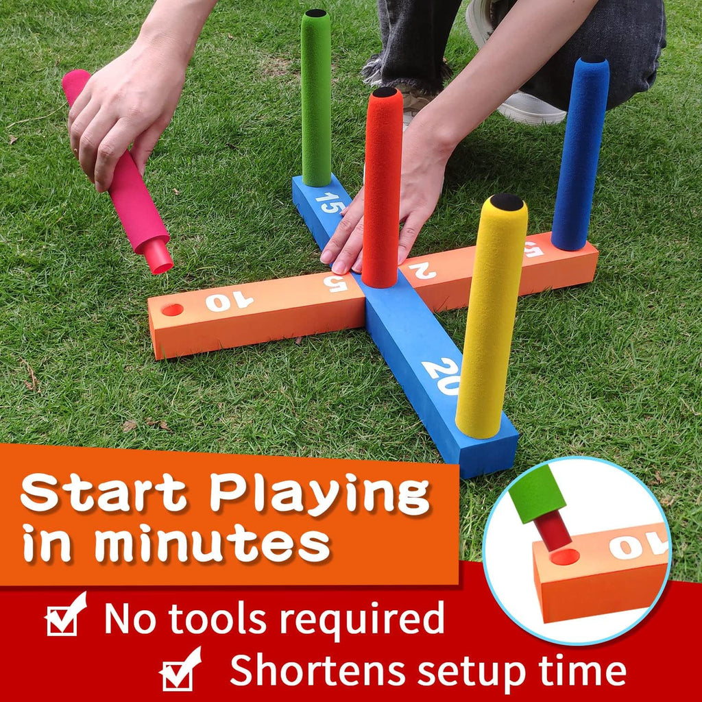 Skiennix Ring Toss Game - Fun Indoor & Outdoor Family Game with 5 Poles, 2 Bases & 16 Colorful Rings