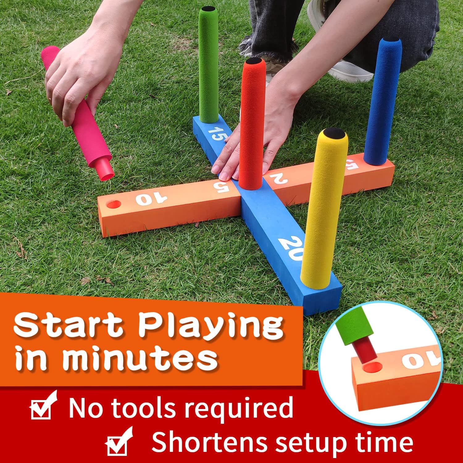 Skiennix Ring Toss Game - Fun Indoor & Outdoor Family Game with 5 Poles, 2 Bases & 16 Colorful Rings