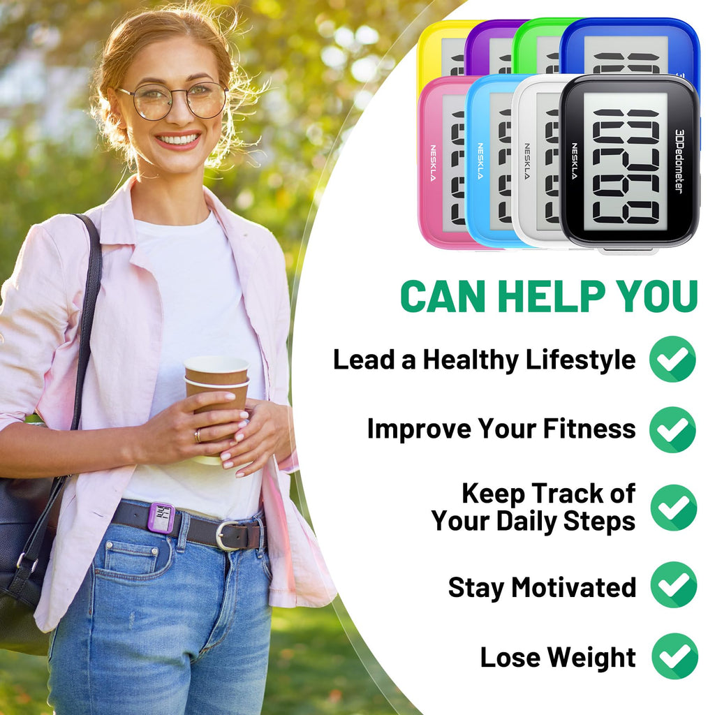 NESKLA 3D Pedometer for Walking, Simple Step Counter with Large Digital Display, Step Tracker with Removable Clip Lanyard, Accurately Track Steps for Men Women Kids Adults Seniors-White