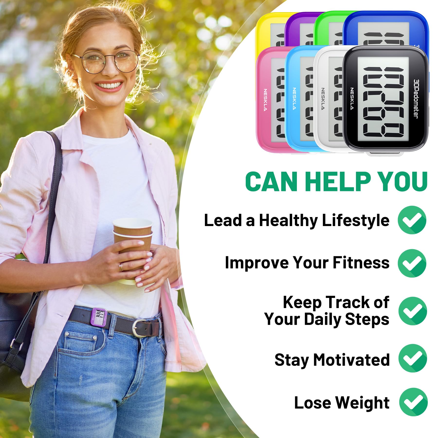 NESKLA 3D Pedometer for Walking, Simple Step Counter with Large Digital Display, Step Tracker with Removable Clip Lanyard, Accurately Track Steps for Men Women Kids Adults Seniors-White