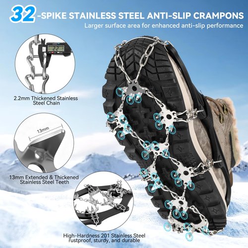 Ice Cleats for Shoes and Boots 32-Spike Stainless Steel Anti-Slip Crampons,Microspikes for Hiking (Large)