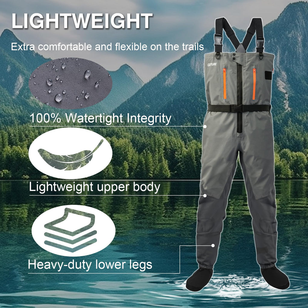 Goture 5-Layer Waterproof Zip Front Stocking Foot Waders, Breathable Fly Fishing Waders for Men Women with Handwarmer, Multiple Storage Pockets, Waist Belt, Fishing Chest Wader for Fishing XXL