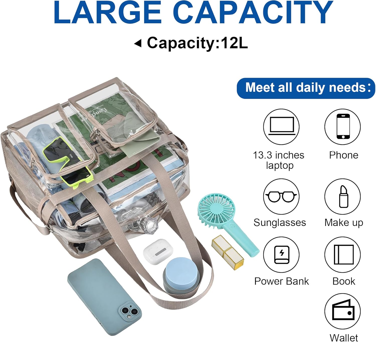 XCU Clear Stadium Bag - Large 12x6x12 Transparent Tote with Adjustable Straps for Events | Concerts & Sports