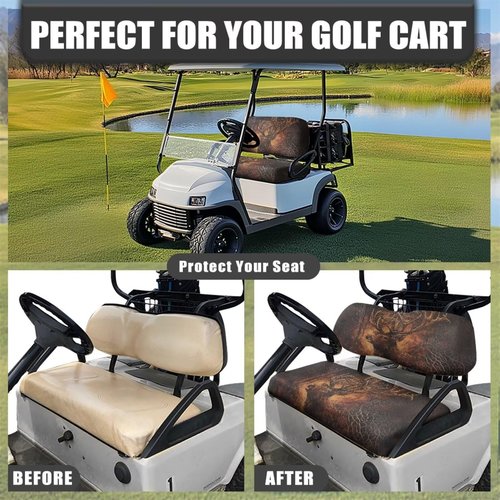 Suobstales Deer Cross Camo Print 2PCS Golf Cart Seat Covers Kit, Front and Rear Seat Covers Fits Club Car Precedent Original Regular Seat Cushion, Club Car Seat Covers Accessories, No Staples