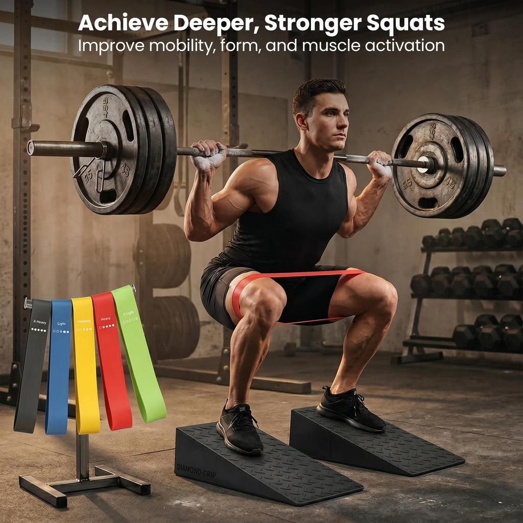 Squat Wedge Block | 2 PCs Non Slip Rubber Heel Elevated squat wedge for strength Training and Deep Squats| slant board for squats to improve ankle mobility with 5 resistance band