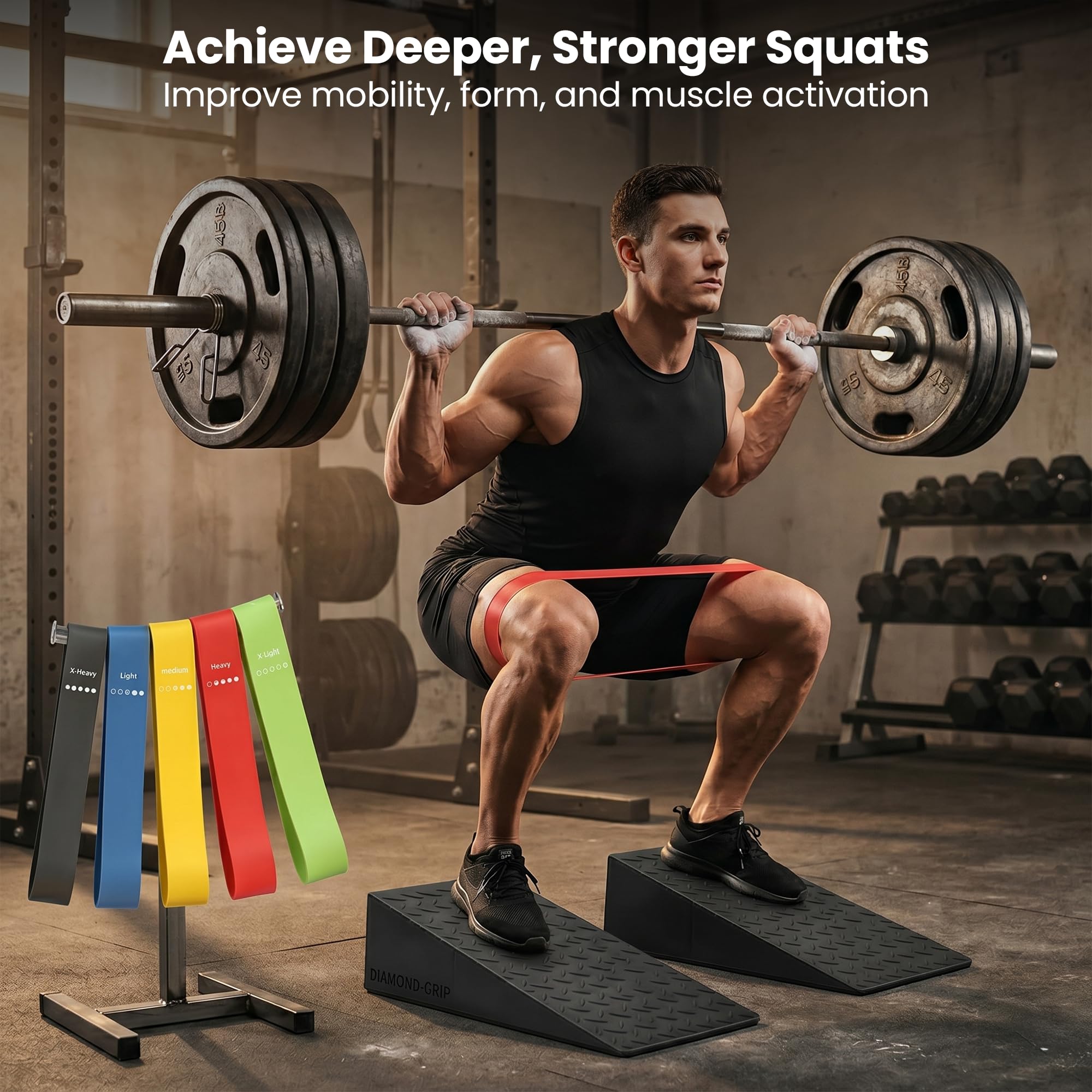 Squat Wedge Block | 2 PCs Non Slip Rubber Heel Elevated squat wedge for strength Training and Deep Squats| slant board for squats to improve ankle mobility with 5 resistance band