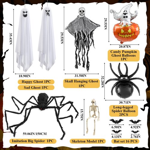 Moucuny 13 Pcs Halloween Golf Cart Decor Kit Spider Cotton Aluminum Film Balloon Spider Ghost Pendant Bat Wall Sticker Skull Ghost Pendant Aluminum Film Ball Skeleton Model for Golf Cart Accessories