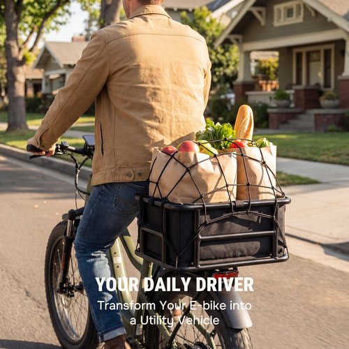 Electric Bike Rear Basket Heavy Duty Steel Frame with Net and Liner, RoakyRoasy 23L Large Capacity Back Rack Mounted Cargo Carrier for Ebike, Superior Deformation Resistance