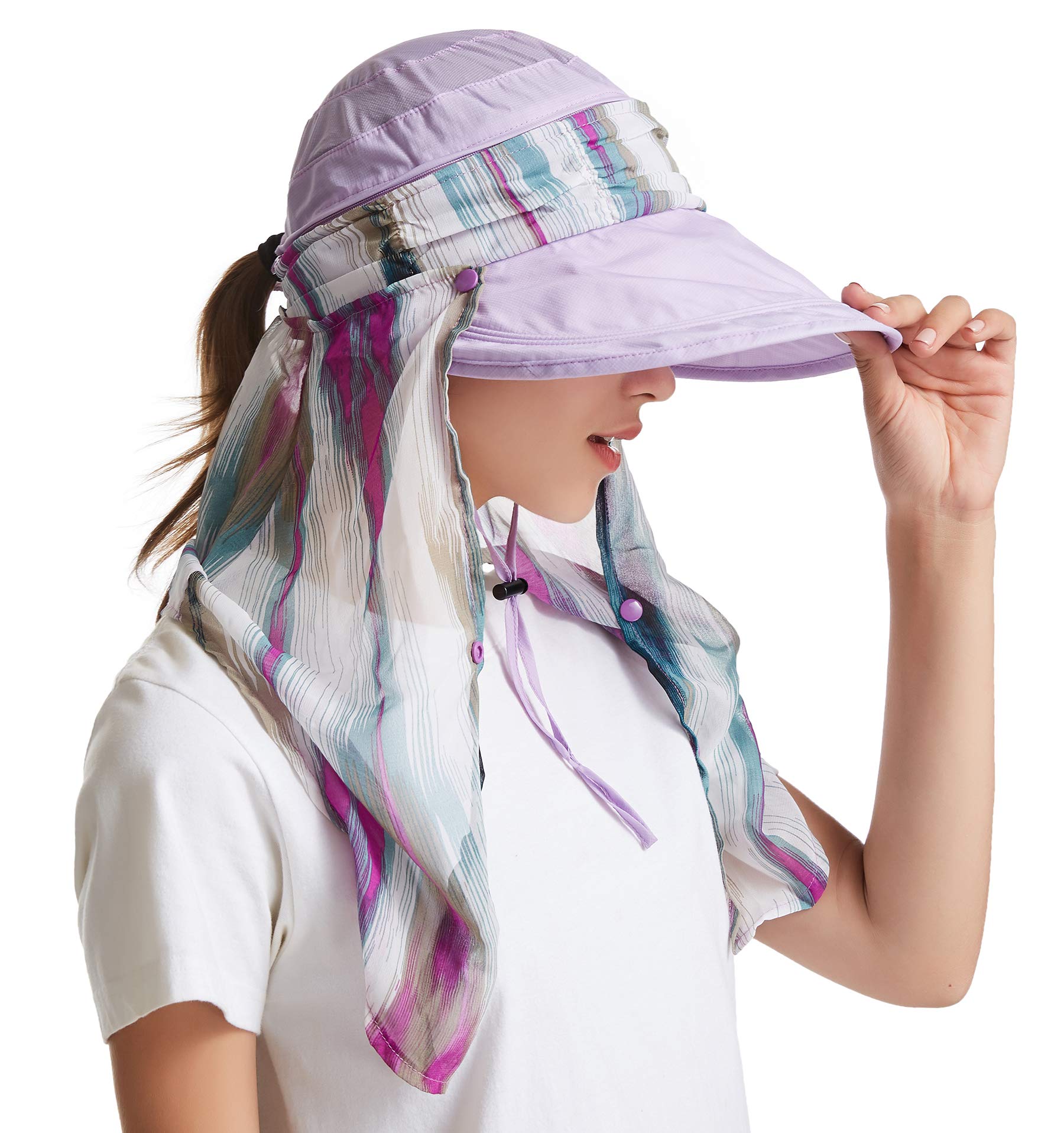 icolor Women Sun Hats UPF 50 Sun Protection Hat Summer Outdoor Neck Shield Flap Visor Hat Ponytail Hats Wide Brim Beach Hat (Lightpurple)
