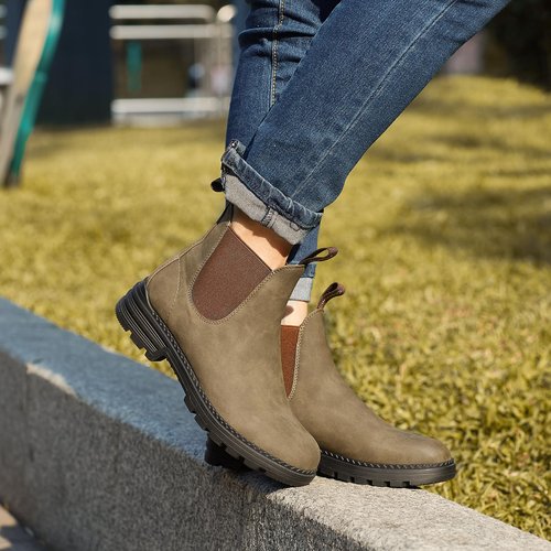 Cestfini Women's Low Heel Chelsea Boots Round Toe Elastic Ankle Booties Ladies Casual Slip On Leather Shoes 8.5, Khaki