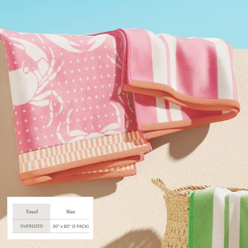 Great Bay Home 100% Cotton Beach Towels - Absorbent Quick-Dry 30 x 60" Pool Towels | Pink/White Crabs & Stripes
