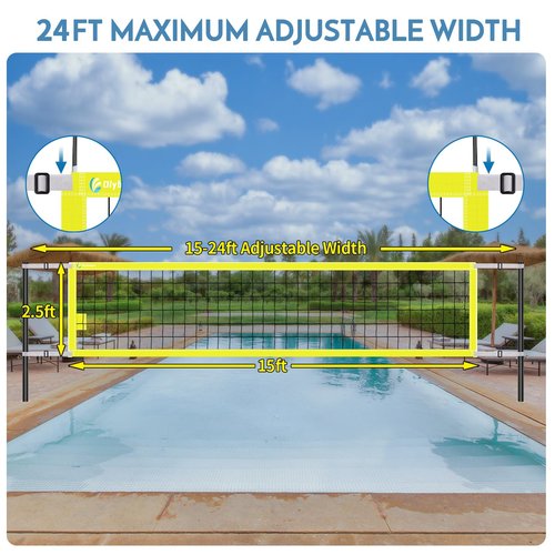 Base Free Swimming Pool Volleyball Net Set for Above Ground/Inground Pools with 1.5“ Aluminium Poles, 15-25 Width Adjustable Anti-Sagging Net, 2 Water Volleyballs and Carry Bag (Yellow)