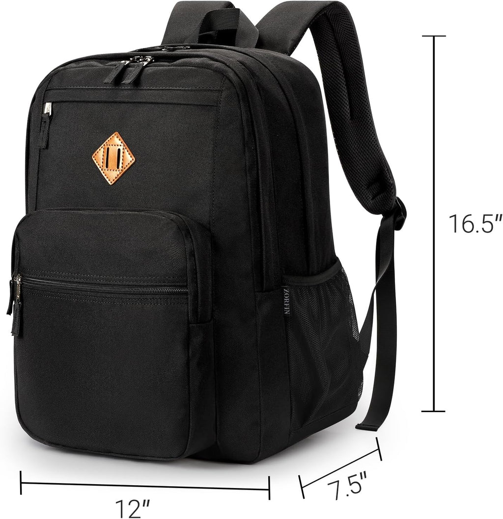 ZORFIN 26L Black Backpack - Water Resistant College & Travel Bookbag for All-Day Comfort