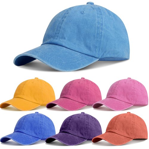 Geyoga 7 Pieces Unisex Vintage Washed Distressed Baseball Hat Baseball Cap Twill Adjustable Hat(Yellow, Pink, Blue, Orange, Purple, Rose Red, Sky Blue)