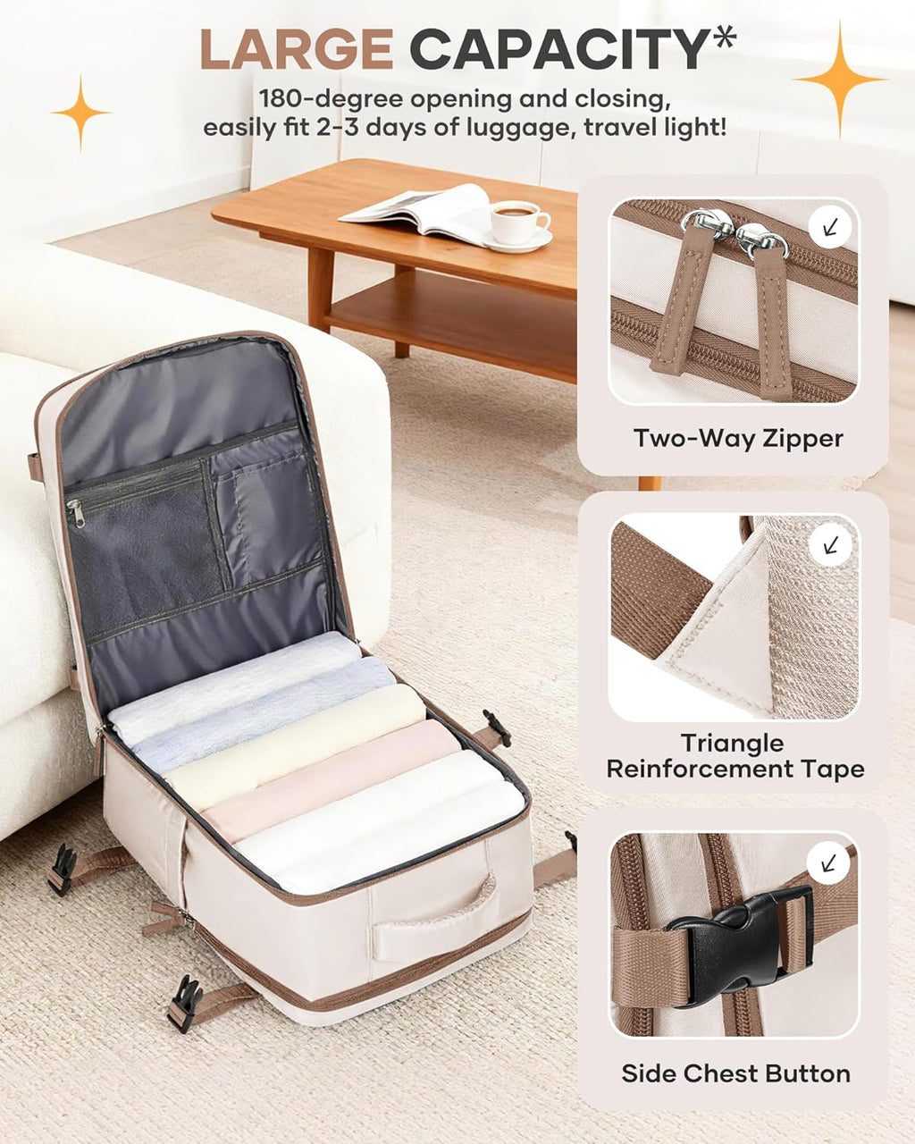 Skiennix Travel Backpack - Flight Approved Carry-On Bag for Airlines | Large Beige & Brown Design
