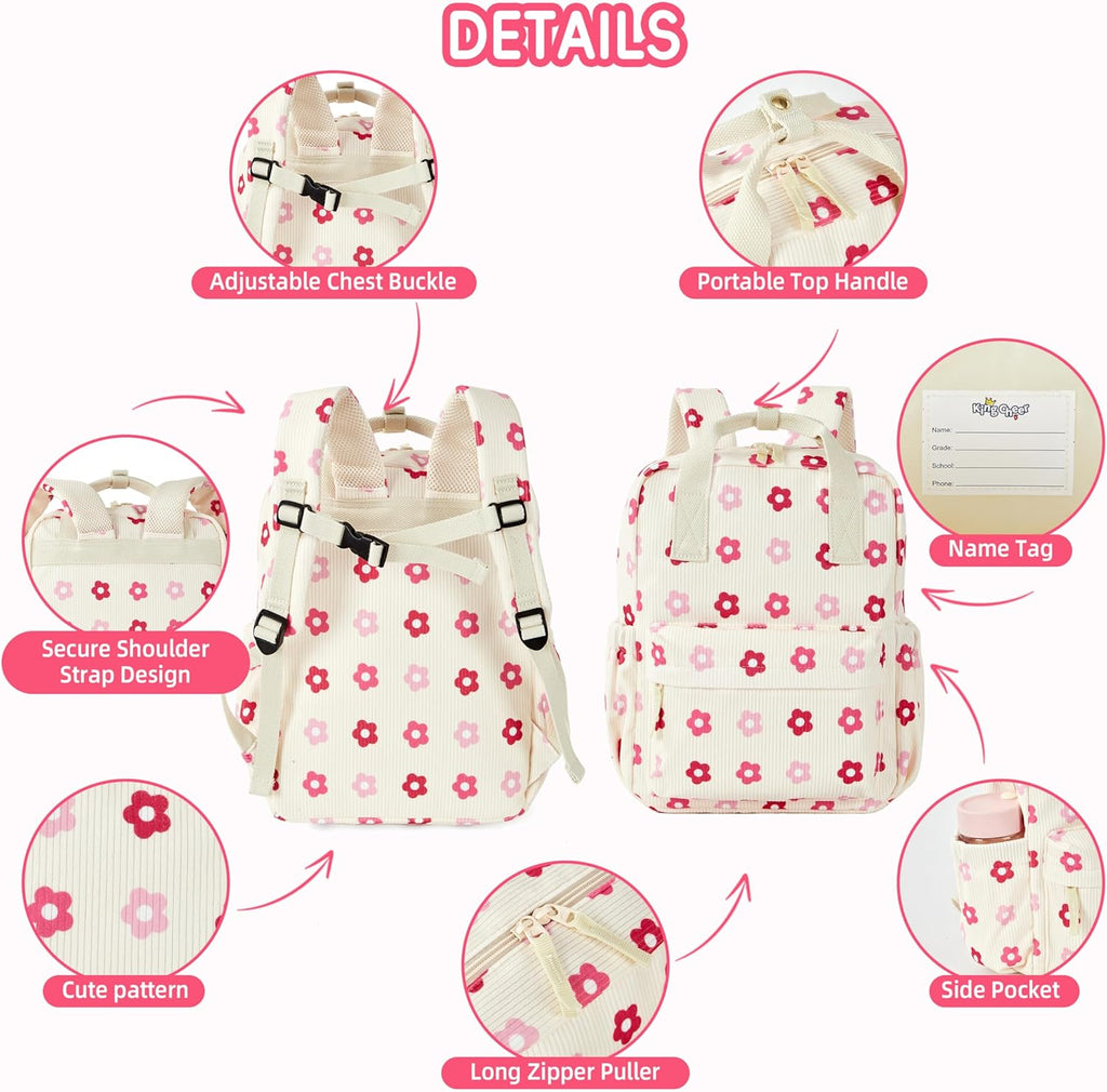 Skiennix Mini Corduroy Toddler Backpack - Lightweight Floral Beige Bookbag for Preschool Kids 13" H