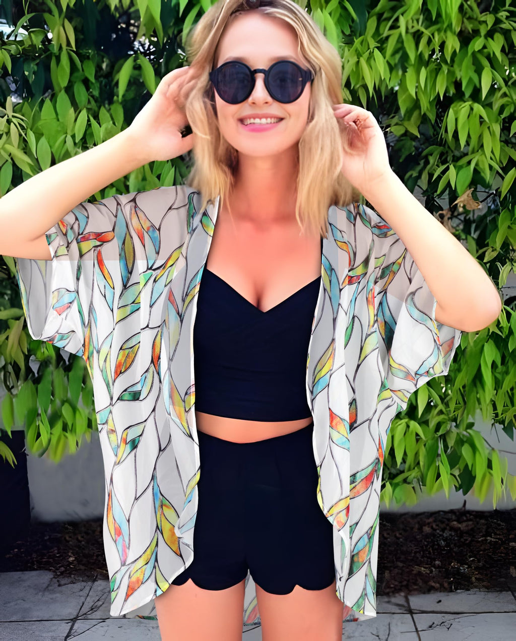 Womens Short Cardigans Casual Cover Up Open Front Kimono Tops Bathings Suit Shawl (White Colorful Leaves,M)
