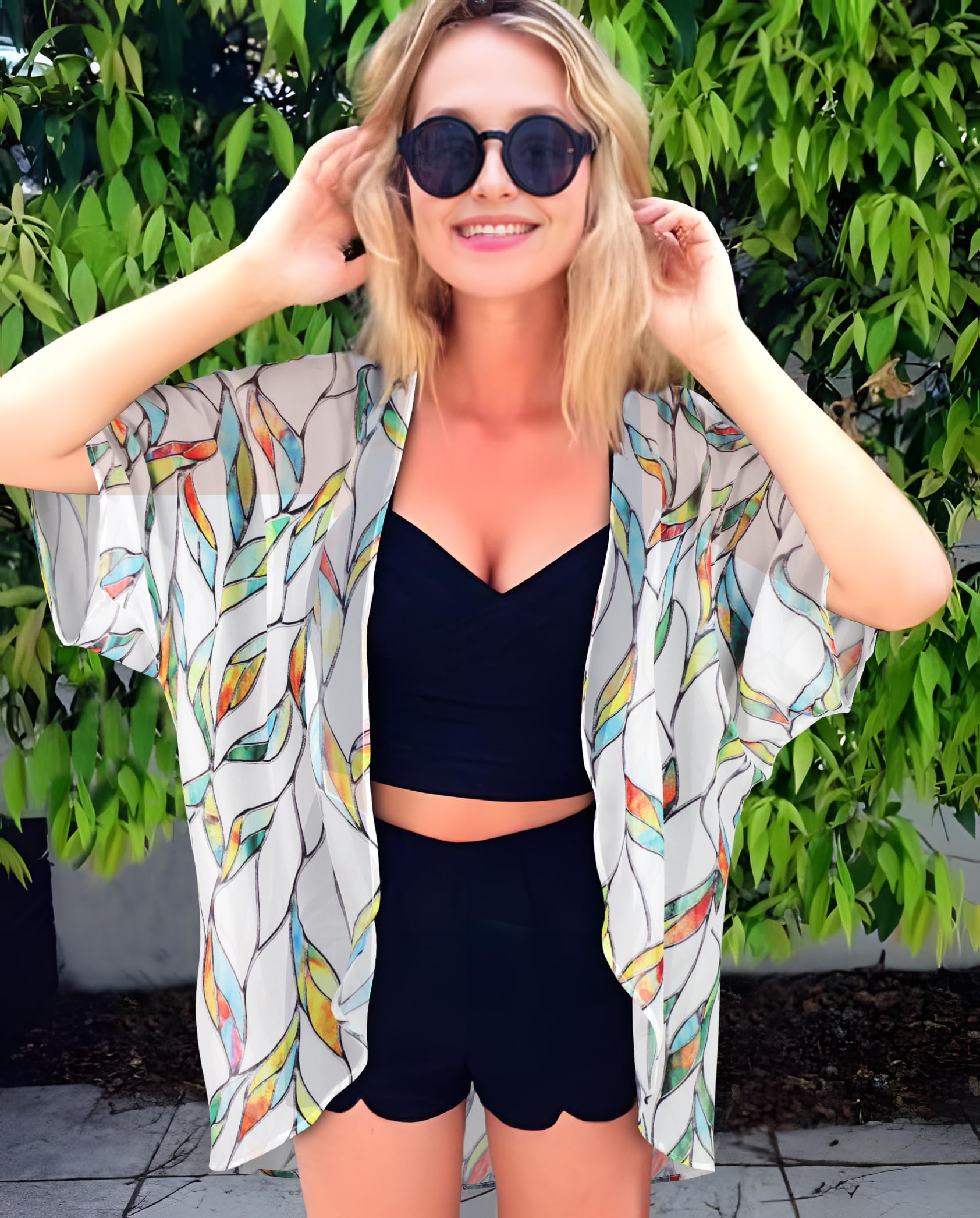 Womens Short Cardigans Casual Cover Up Open Front Kimono Tops Bathings Suit Shawl (White Colorful Leaves,M)
