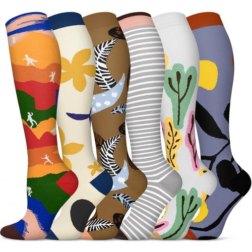 6 Pairs Compression Socks for Men & Women 20-30 mmHg Graduated Compression Stockings for Pressure Medical-grade Teds Batman Elf Halloween Holiday Xmas Easter Valentine Gifts Presents(Painting,L-XL)