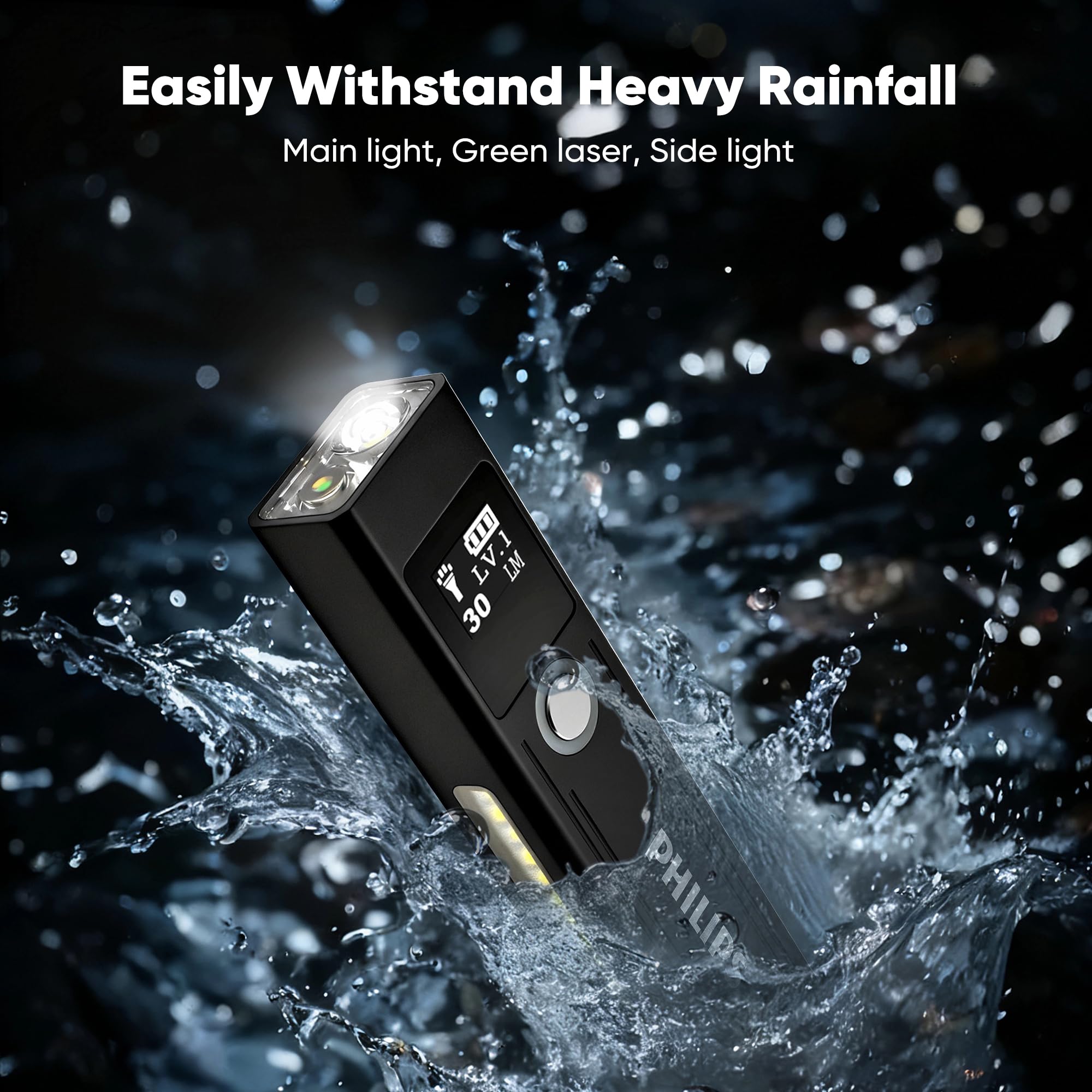 PHILIPS SFL6256 Rechargeable EDC Flat Flashlight with Green Laser, Warm and White LED Combo,1200 High Lumens Aluminium Portable Pocket Lights with 9 Modes,Triple Sources for Outdoors Emergency Working