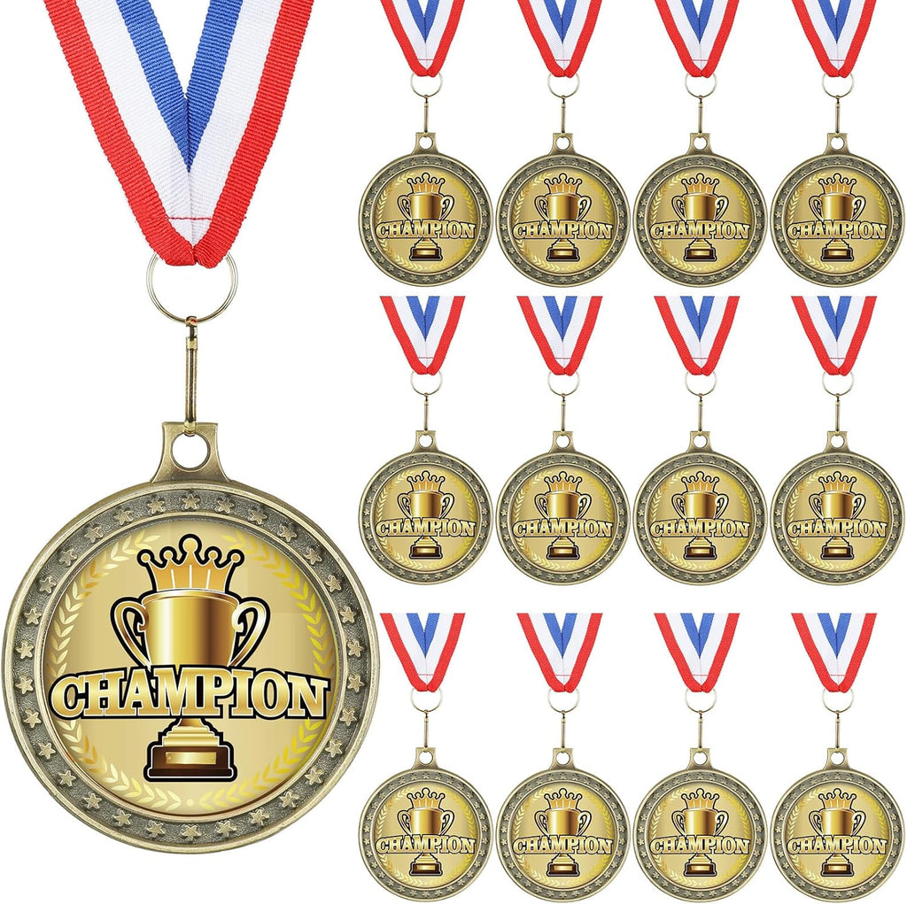 XunYee Champion Awards Medals - 12 Sets for Football, Baseball, Soccer & Basketball | MVP Gift with Neck Ribbons