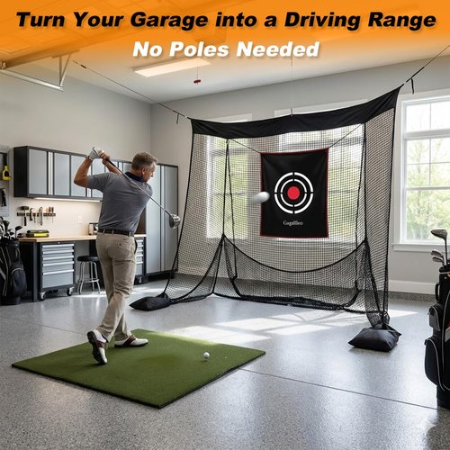 Gagalileo Golf Net for Garage Door with Mat: 10X8FT Heavy Duty Roll-Up Design Quick Setup for Backyard & Basement Training Target Ideal for Beginners & Advanced Golfers