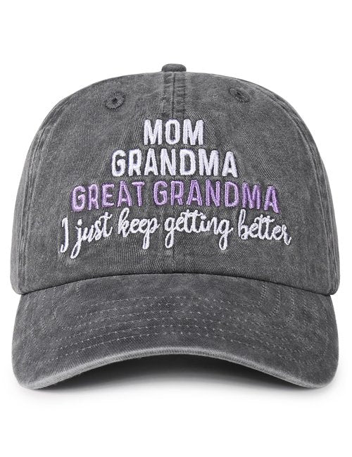 InnoBeta Great Grandma Gifts Cap for Women - Adjustable Vintage Baseball Cap, Washed Cotton Embroidered Hat for Mom and Grandma - I Just Keep Getting Better
