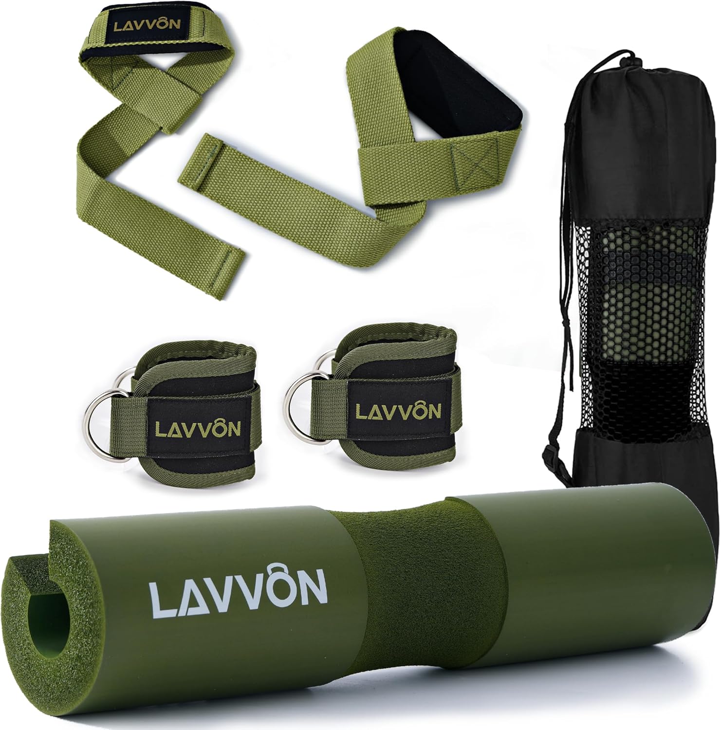 Squat Pad Set - Foam Barbell Pad for Squats & Lunges | Olympic Weight Bar Pad with Ankle & Wrist Straps