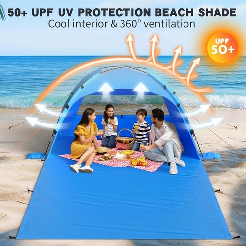 Beach Tent Sun Shelter by [Brand Name] - UPF 50+ Protection with Extended Sand Mat | Portable for 3-4 People