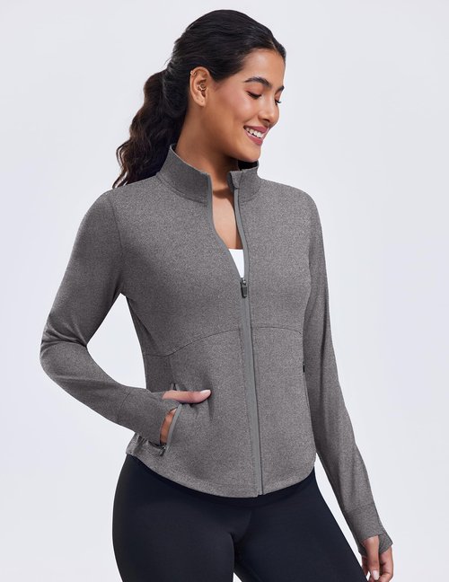 PINSPARK Zip Up Running Jackets for Womens Light Weight Slim Cropped Yoga Track Jackets with Thumb Holes Soft Athletic Golf Jackets Heather Grey Large