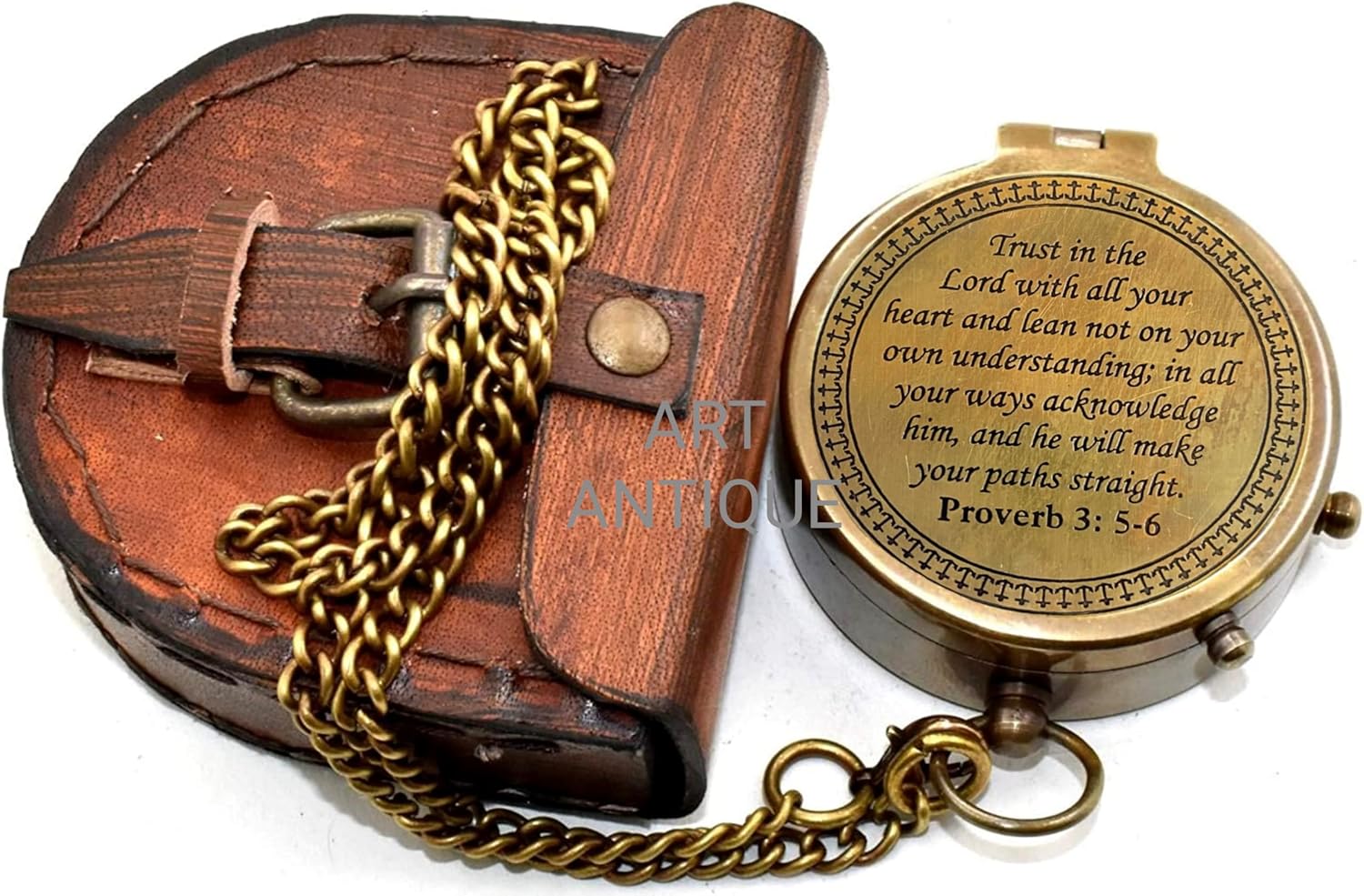 Trust In The Lord Brass Compass - Engraved Proverbs 3:5-6 Inspirational Pocket Compass with Leather Case | Perfect Christian Gift for Graduation or Birthday