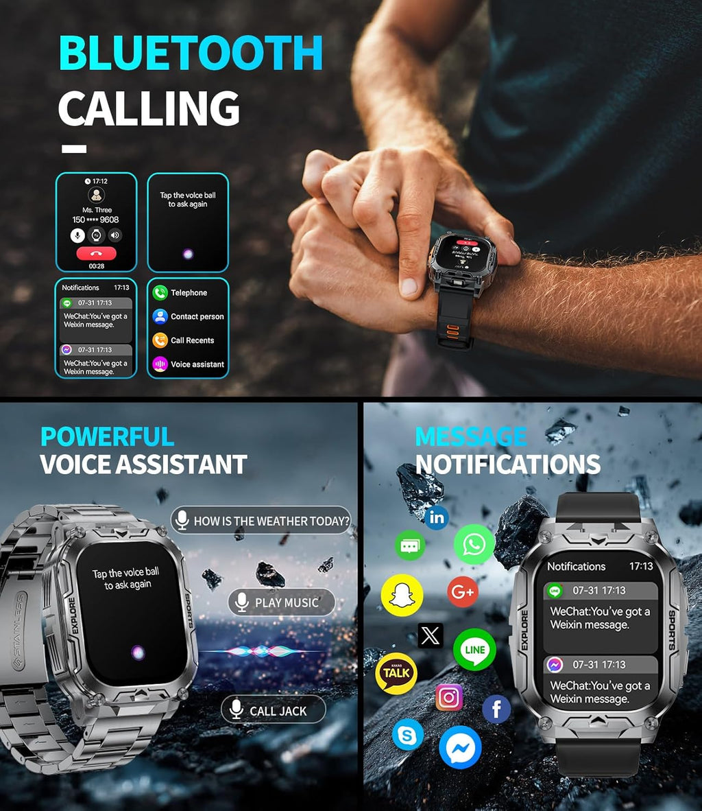 TX12 Smart Watch for Men - 1000 mAh Battery | HD Fitness Tracker with 100+ Sports Modes, Black