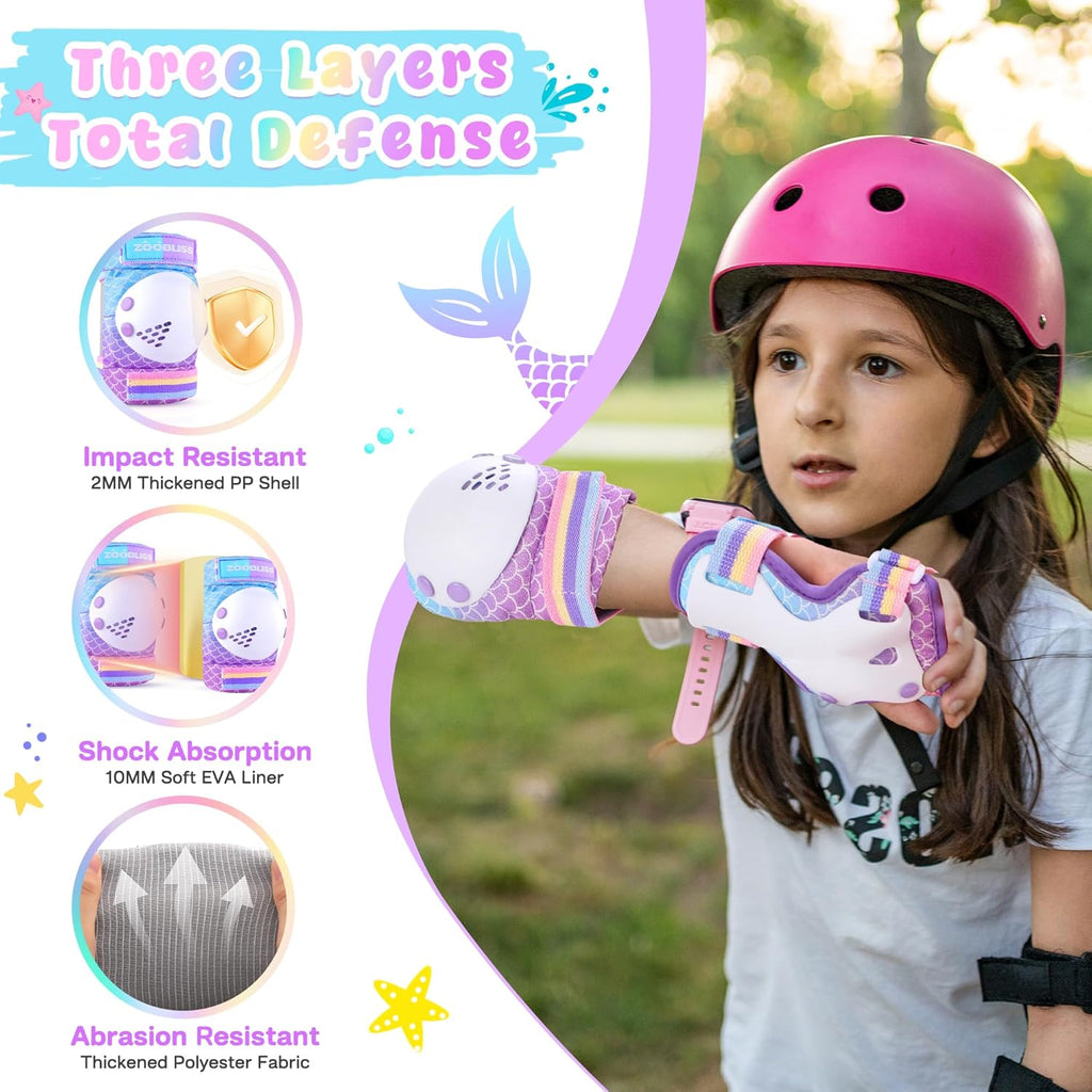 ZOOBLISS Kids Protective Gear Set - Toddler Knee & Elbow Pads with Wrist Guards for Skating | Rainbow Design, Ages 3-12