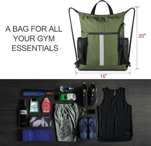 BeeGreen Moss Green Drawstring Bag - Heavy-Duty Cinch Sack with Shoe Compartment & Mesh Pockets