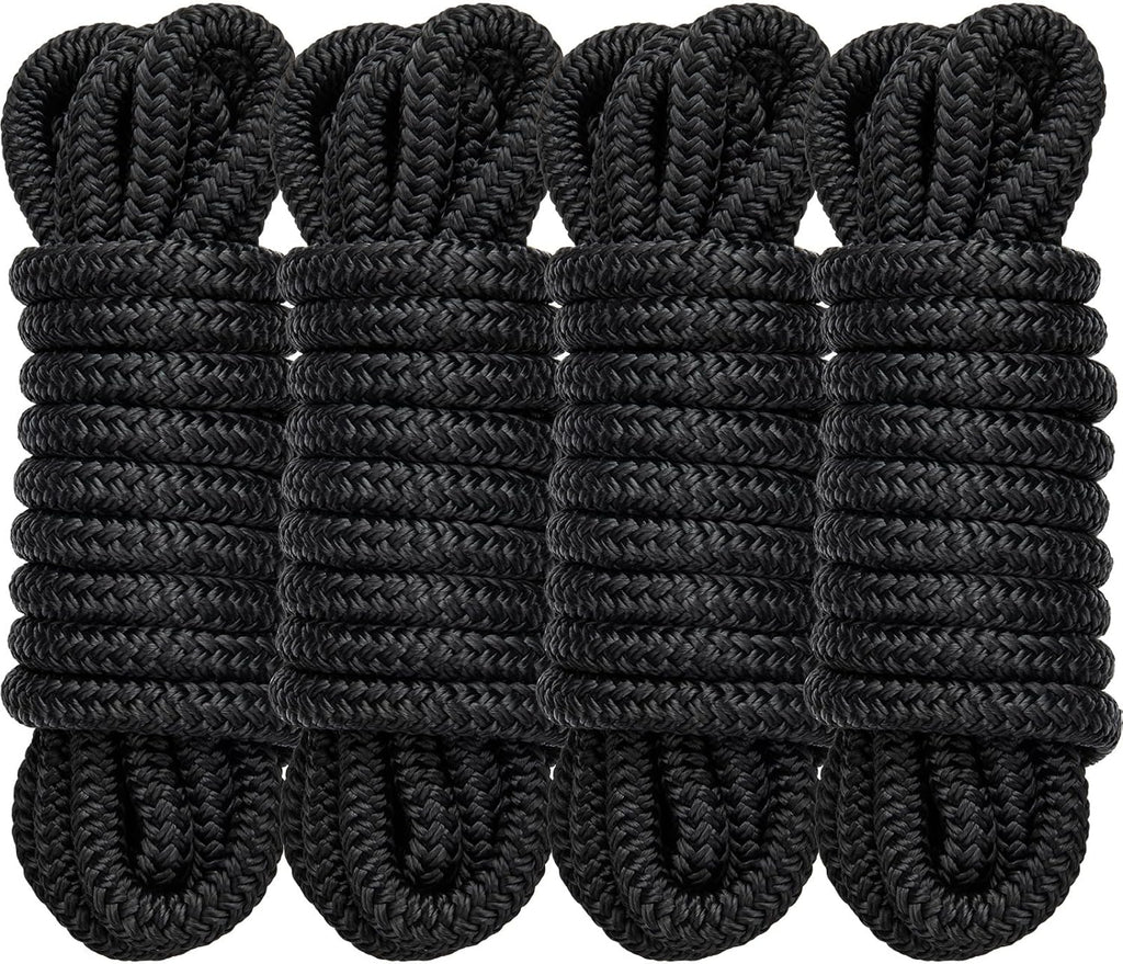 Premium Marine-Grade Dock Lines by [Brand Name] - 4 Pack 1/2" x 15’ Double Braided Nylon with 12" Eyelet - Black