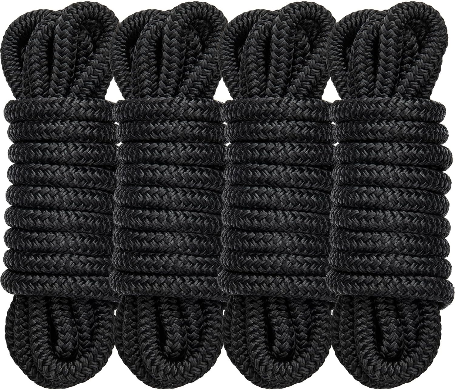 Premium Marine-Grade Dock Lines by [Brand Name] - 4 Pack 1/2" x 15’ Double Braided Nylon with 12" Eyelet - Black