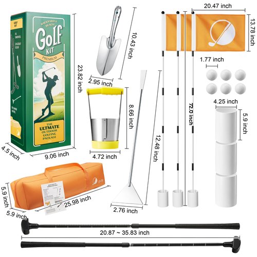 Golf & Mini Golf Complete Setup, 3X Pin Flags & Putting Green Hole Cups, 2X Adjustable Putters, Digger, Hole Cutter & More, for Grass Backyard, Beach, Driving Range Gift Set