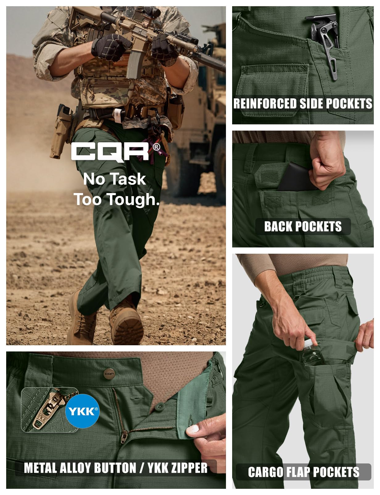 CQR Men's Tactical Pants, Water Resistant Ripstop Cargo Pants, Lightweight EDC Work Hiking Pants, Outdoor Apparel, Raider Mag Green Kelp, 34W x 34L