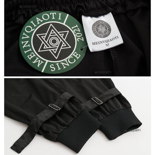 MEINVQIAOTI Black Cargo Pants Women Loose Chained Pants Multi-Pocket Multi-Zip Punk Goth Pants(Black&White,XL)