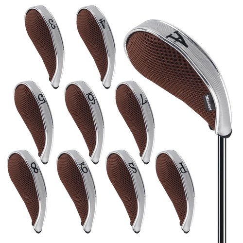 Andux Mesh Golf Iron Club Head Covers with Zipper Left and Right Handed 10pcs/Set (Coffee/Gray)