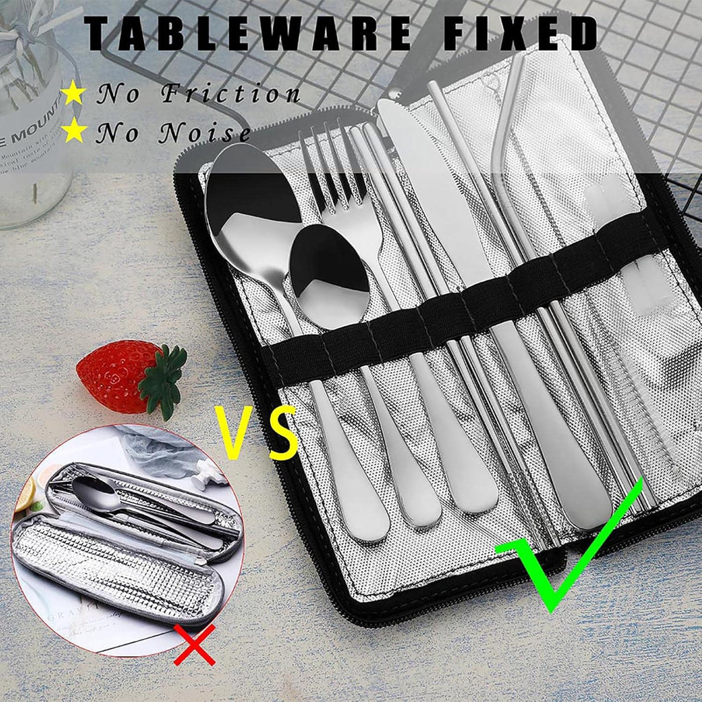 VANDBAO Portable Travel Utensils - Reusable Stainless Steel Flatware Set with Case | 9-Piece Silver Cutlery
