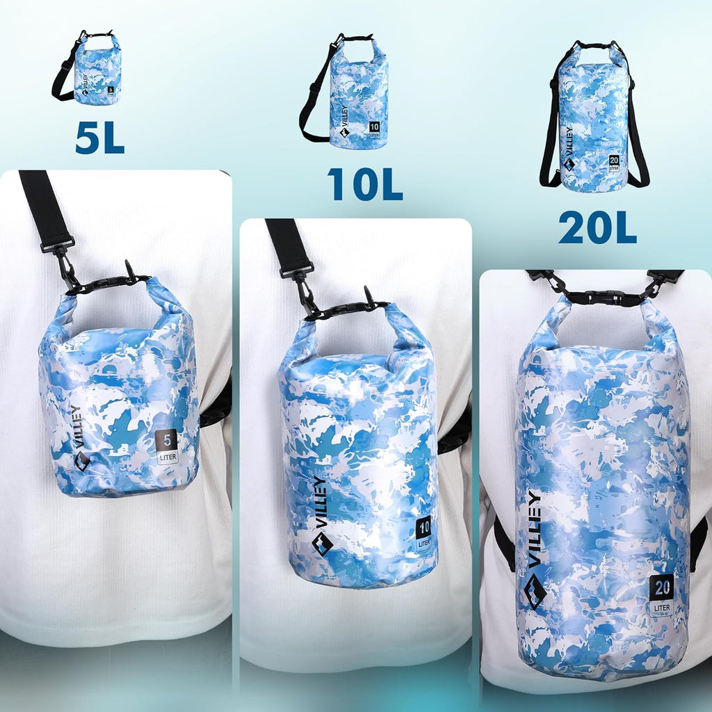 VILLEY Waterproof Dry Bag - 10L Roll Top Backpack for Kayaking, Boating & Camping | Blue Camo Design