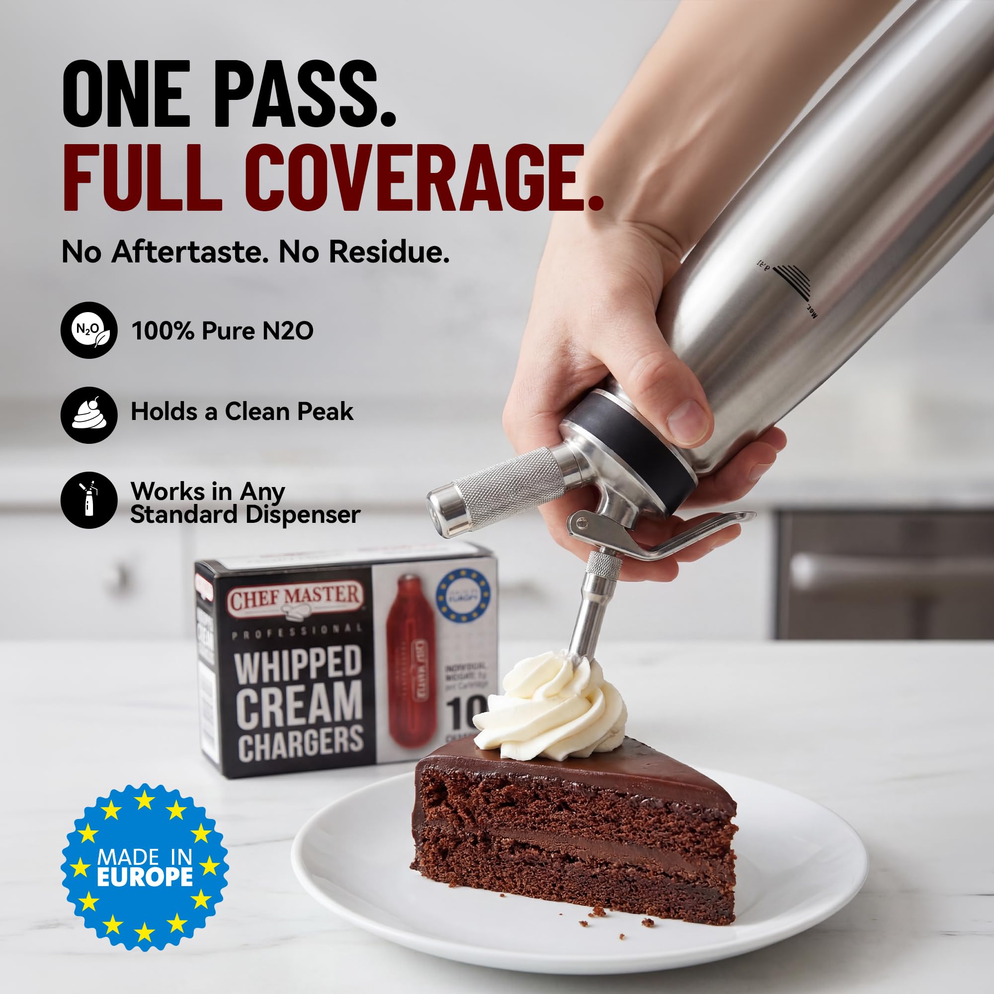 Chef Master 10 Pack N20 Whipped Cream Chargers - 8g Professional Nitrous Oxide Cartridges - Premium Whip Cream Charger Cartridge - Made in EU - Food-Safe Steel & Universal Fit for Dispensers - 90060