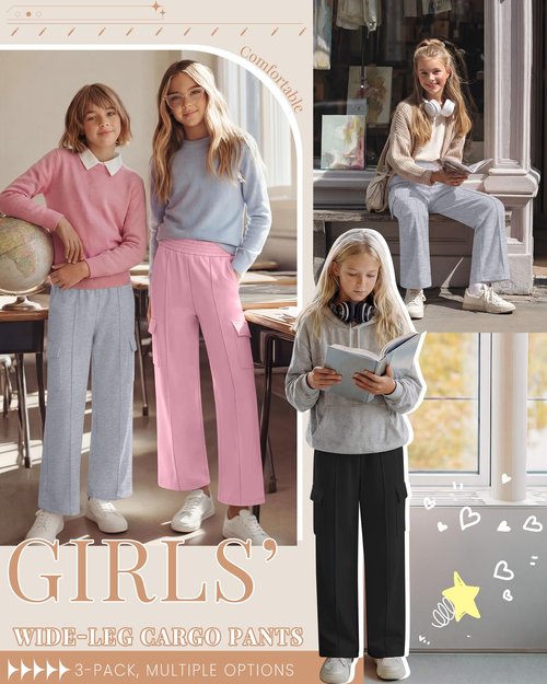 LessonZoo 3 Pack Girls Wide Leg Sweatpants Cargo Pants High Waisted Baggy Causal Loose Kids Elastic Waistband Pants Joggers(Pink, Light Gray, Black,9-10 Years)