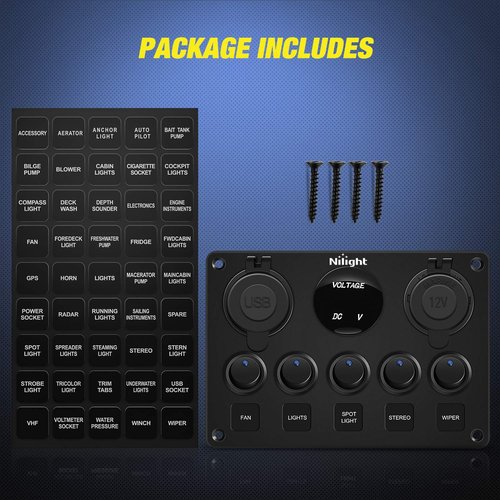 Nilight 90101E Multi-Function 5 Gang Rocker Switch Panel - Dual USB Charger & Digital Voltmeter for RV, Boat, Truck, Trailer - 12V Outlet with Circuit Breakers, Blue