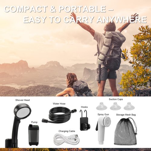 NOVCAPAR Portable Camping Shower, 6000mAh Rechargeable Camping Shower Pump with LCD Display Rechargeable Camping Shower, IPX8 Waterproof High Pressure Electric Outdoor Shower for Hiking, Travel
