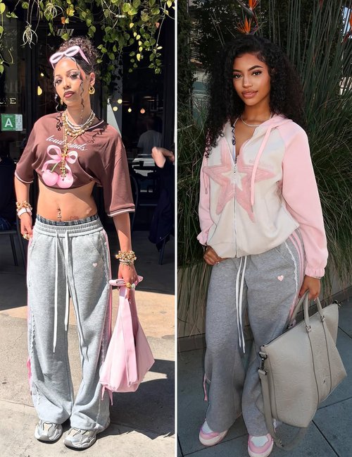 Aelfric Eden Lace Stripe Patchwork Sweatpants Casual Baggy Pant for Women Wide Leg Elastic Drawstring Trousers Grey X-Small