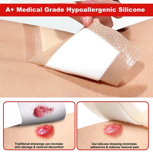 FRESINIDER Silicone Foam Dressing with Adhesive Border – Wound Dressing Bandage – Silicone Foam Pad – Pack of 20 – 4 x 4 Inches Large Waterproof Bandages – Self Adhesive Wound Care and Dressings
