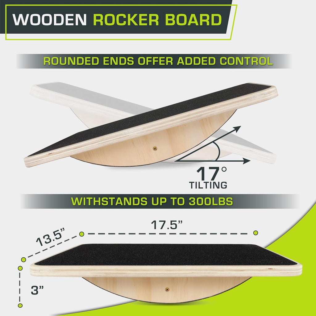 ProsourceFit Wooden Rocker Balance Board - Anti-Slip Core Trainer for Stability | 17.5in Black